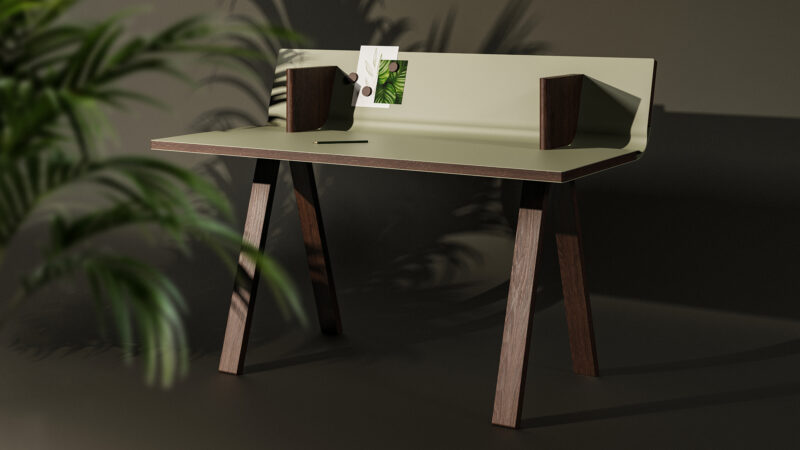 Designermöbel der Röthlisberger Kollektion. Ovolo Schreibpult. Ein Hingucker ist das Holz der Räuchereiche, kombiniert mit der aparten Farbe des Desktop-Linoleums 4184 Olive.